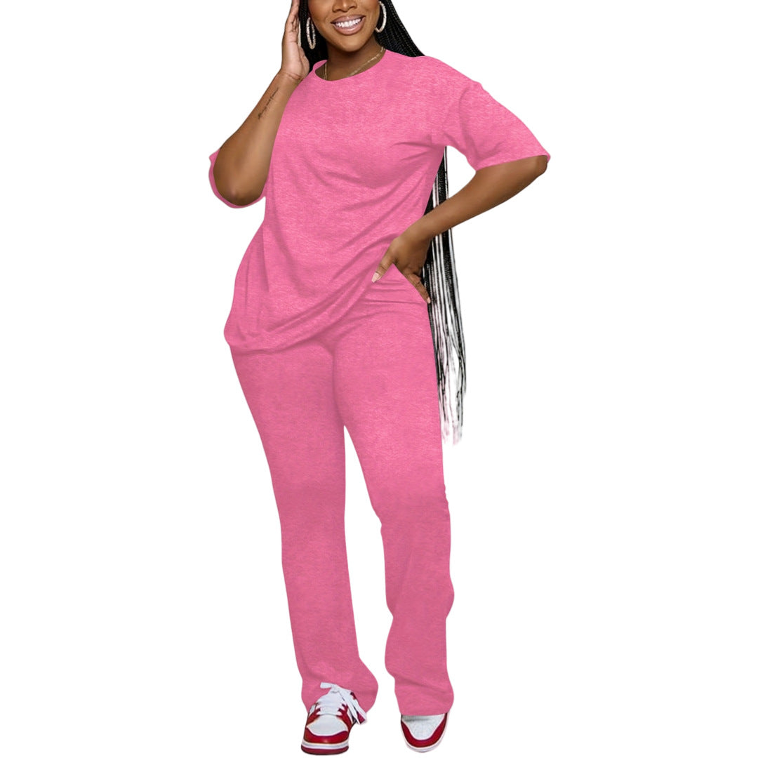 Women Casual Solid Round Neck Top and Pants Two-Piece Set 6