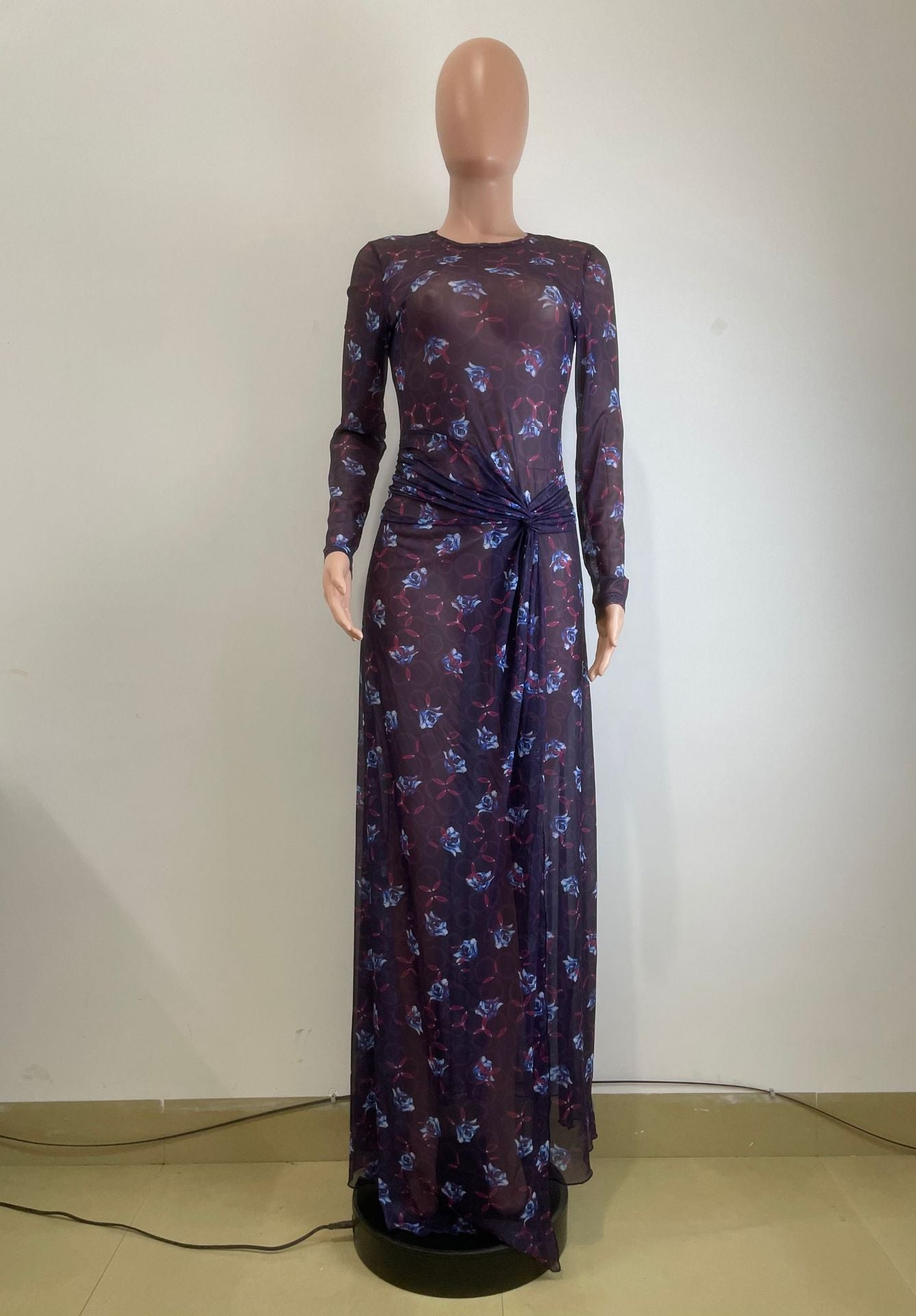 Women Fall/Winter Mesh Slit Long-Sleeved Dress 4