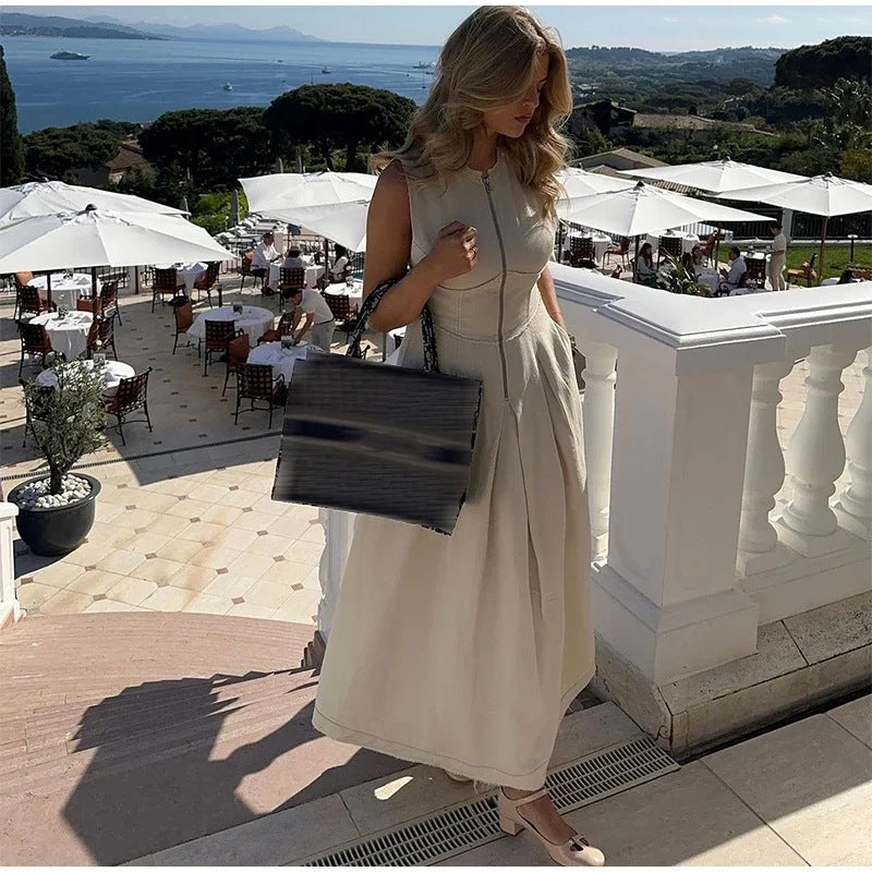 High-Waist Solid Color Sleeveless Zip-Up Dress Elegant Career-Chic Gown 7