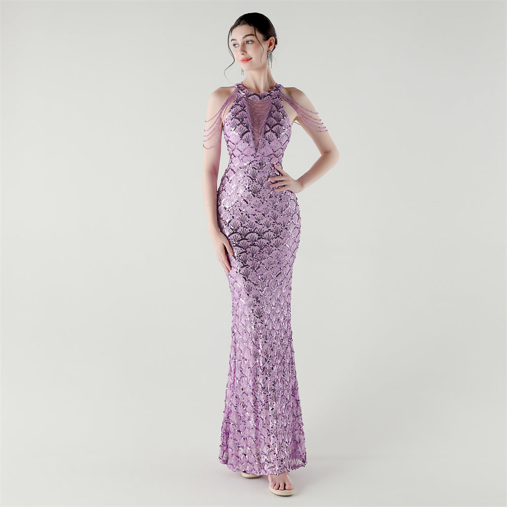 Elegant Chain-Decorated Fishtail Sequin Evening Dress for Formal Ceremonies 20