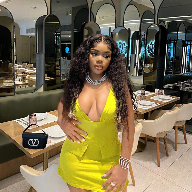 Sexy V-Neck Fake Pocket Summer Slim Waist A-Line Dress