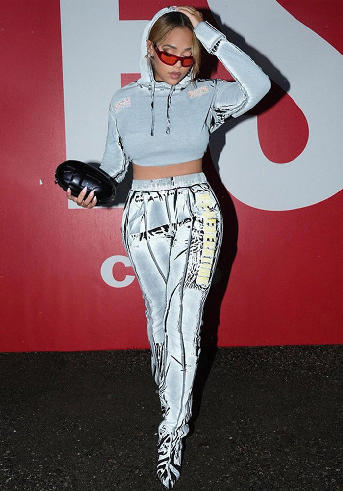 Autumn Women Casual Hooded Top and Printed Sports Pants Two-piece Set