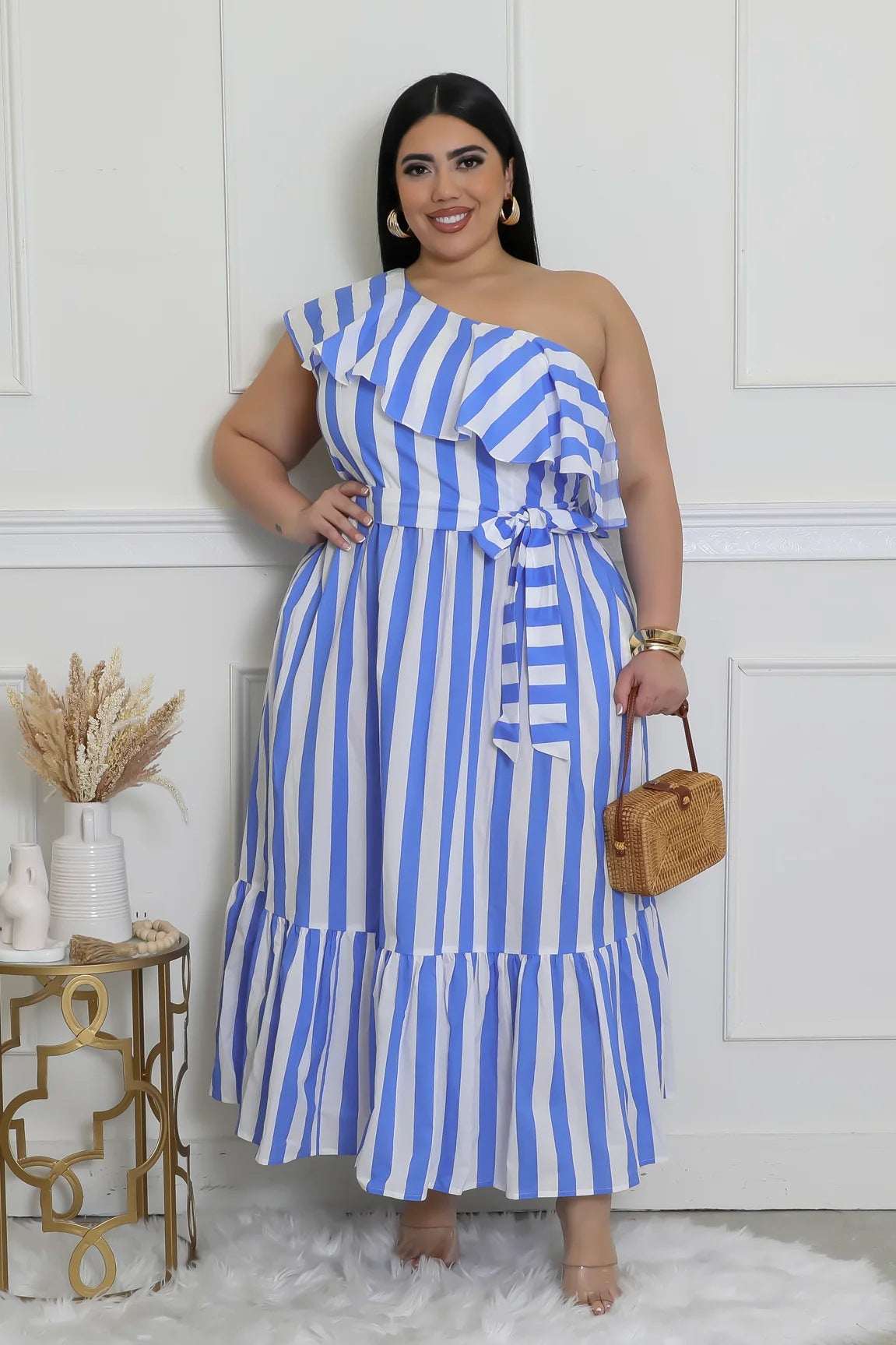 Women Striped Slash Shoulder Dress 10