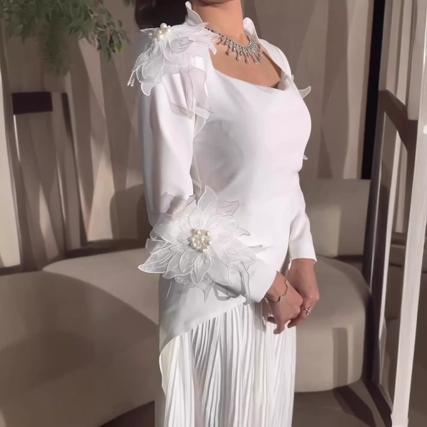 Women Solid Floral Long Sleeve Elegant Maxi Dress 3