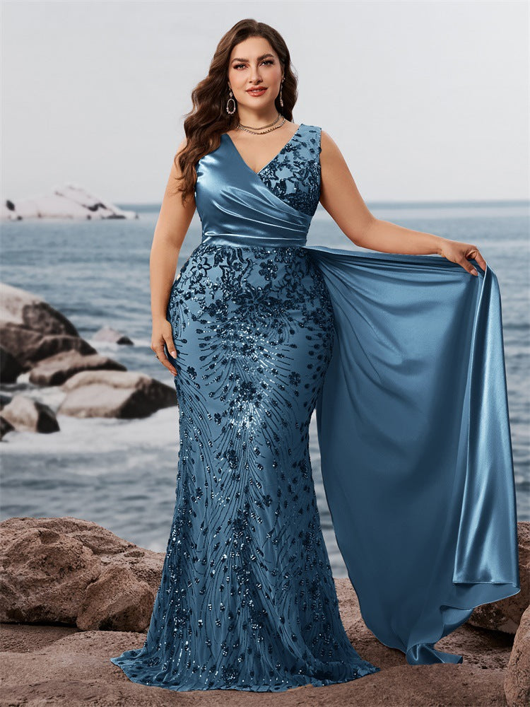 Plus Size Elegant Sequins Patchwork Fitted V-Neck Short Sleeve Cocktail Dress Bridesmaid Gown
