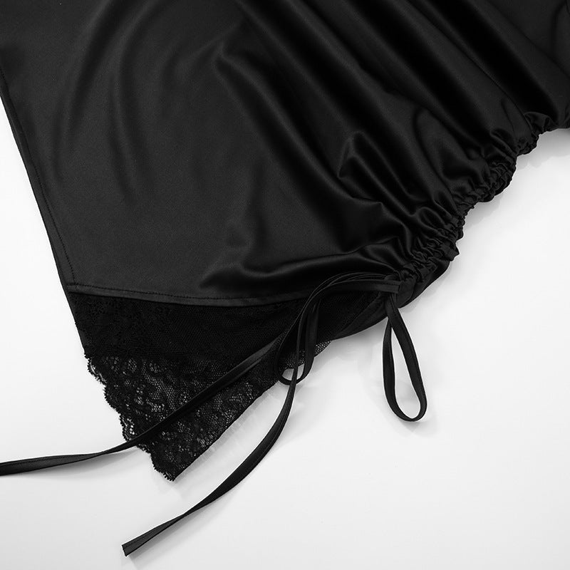 Women Summer Sexy Suspender Drawstring Patchwork Lace Bodycon Dress 14