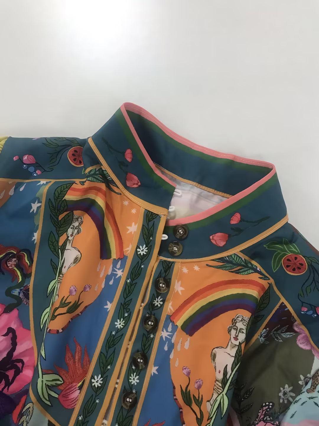 Women autumn print Round Neck lace pleated ruffle dress 6