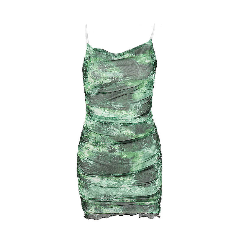 Summer Fashion Sexy Tie Dye Print Low Back Strap Ruched Bodycon Dress 6