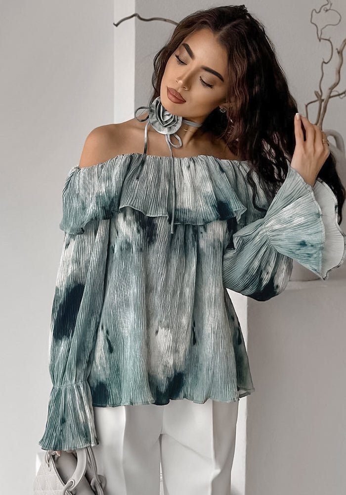 Women Floral Casual Print Off Shoulder Lace-up Bell Bottom Sleeve Top