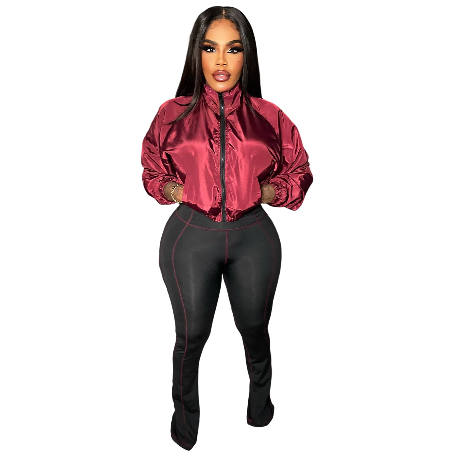 Women Casual Zippered Top and Bell Bottom Two-Piece Set 9