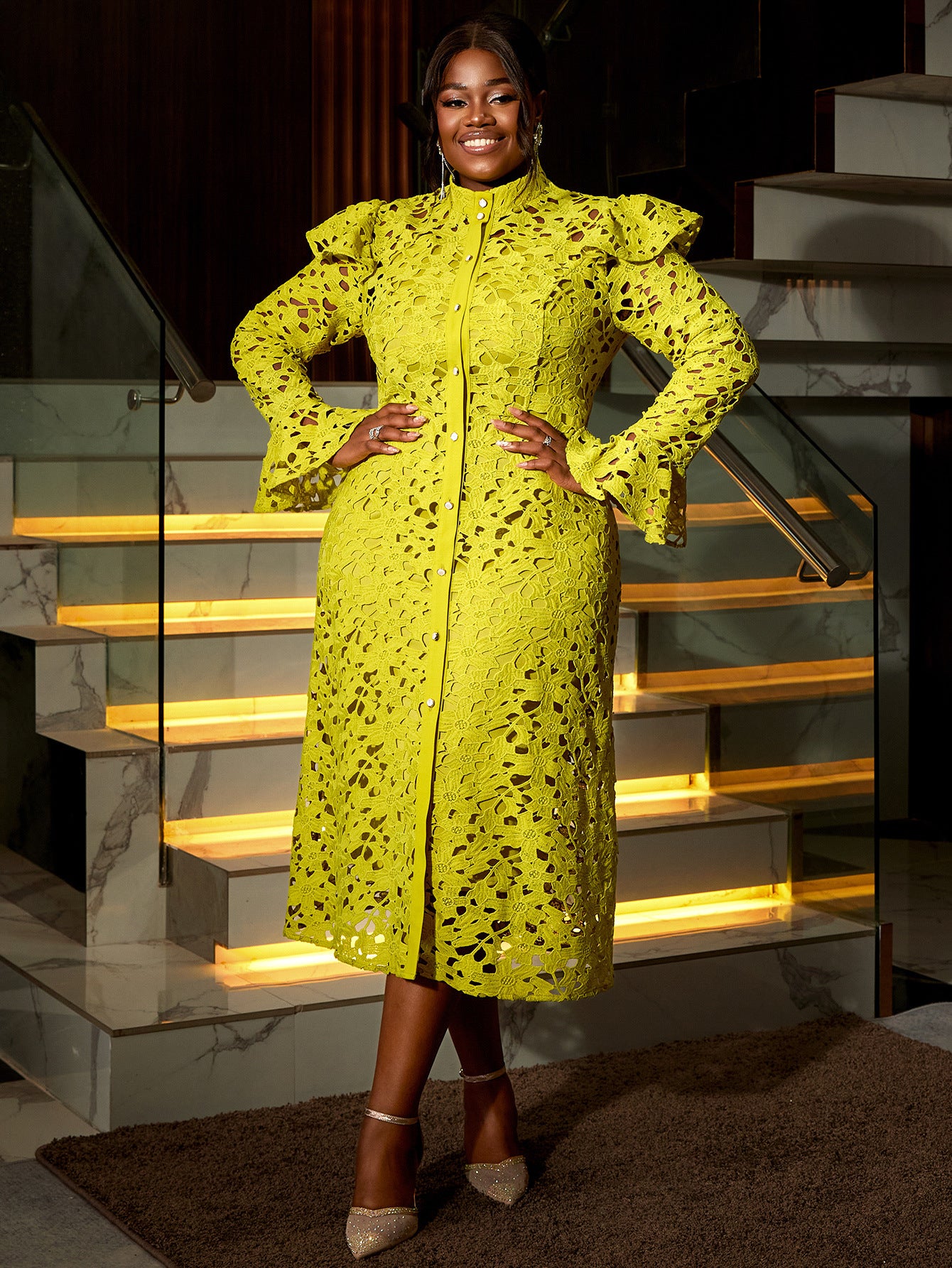 Plus Size Women Half High Neck Lace Dress Two-piece Set 7