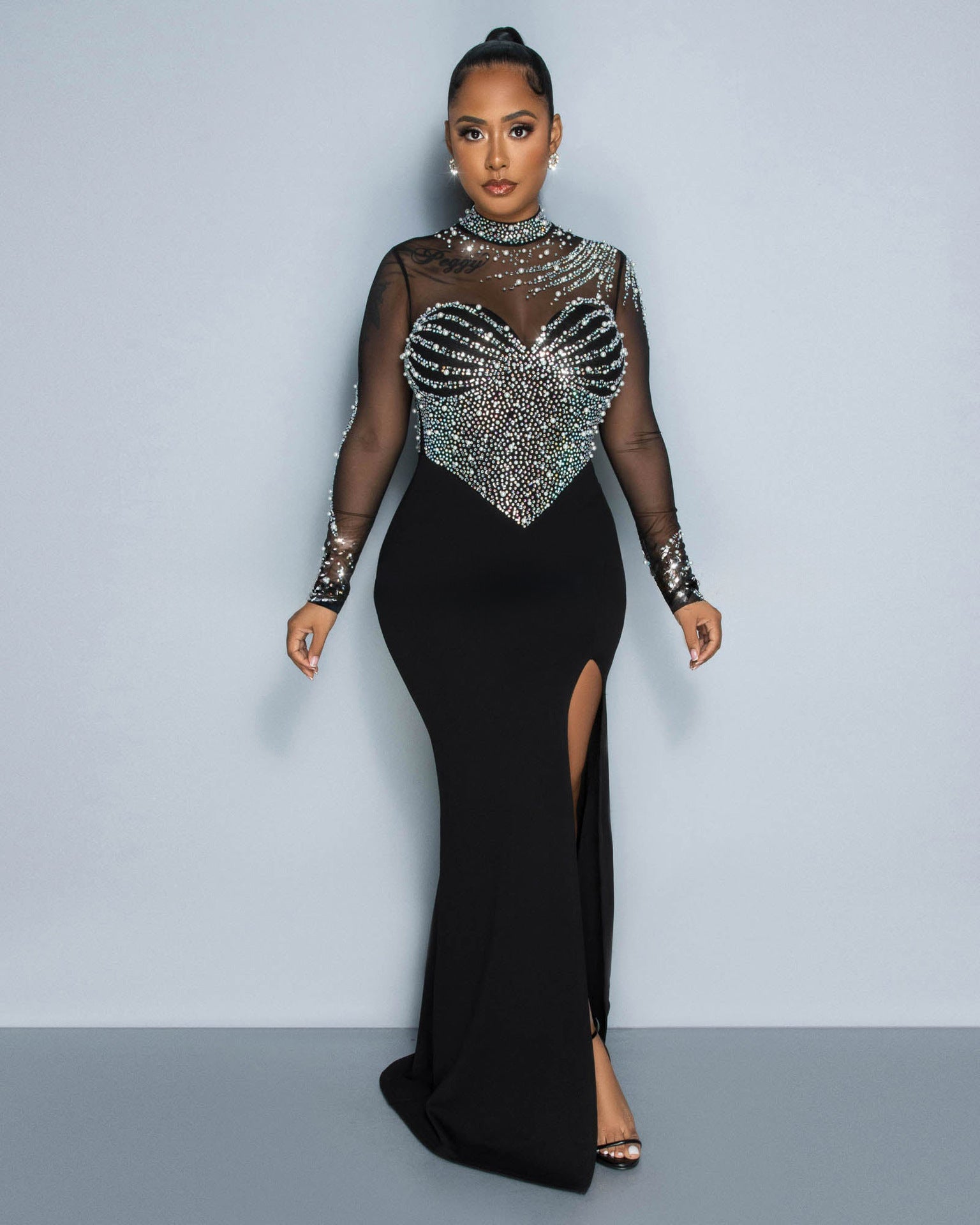 Women Beaded See-Through Bodycon Stretch Slit Dress 21