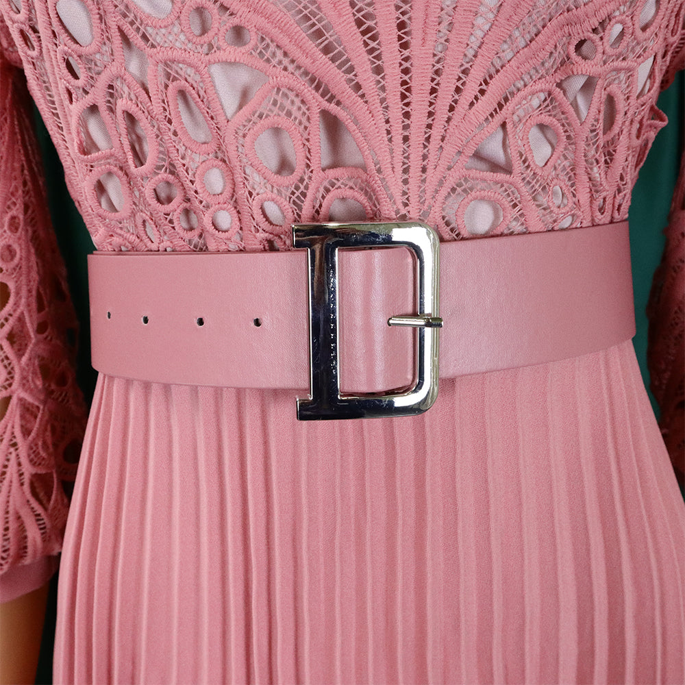 Women'S Chic Solid Color Lace Crochet Cutout Pleated Dress 25