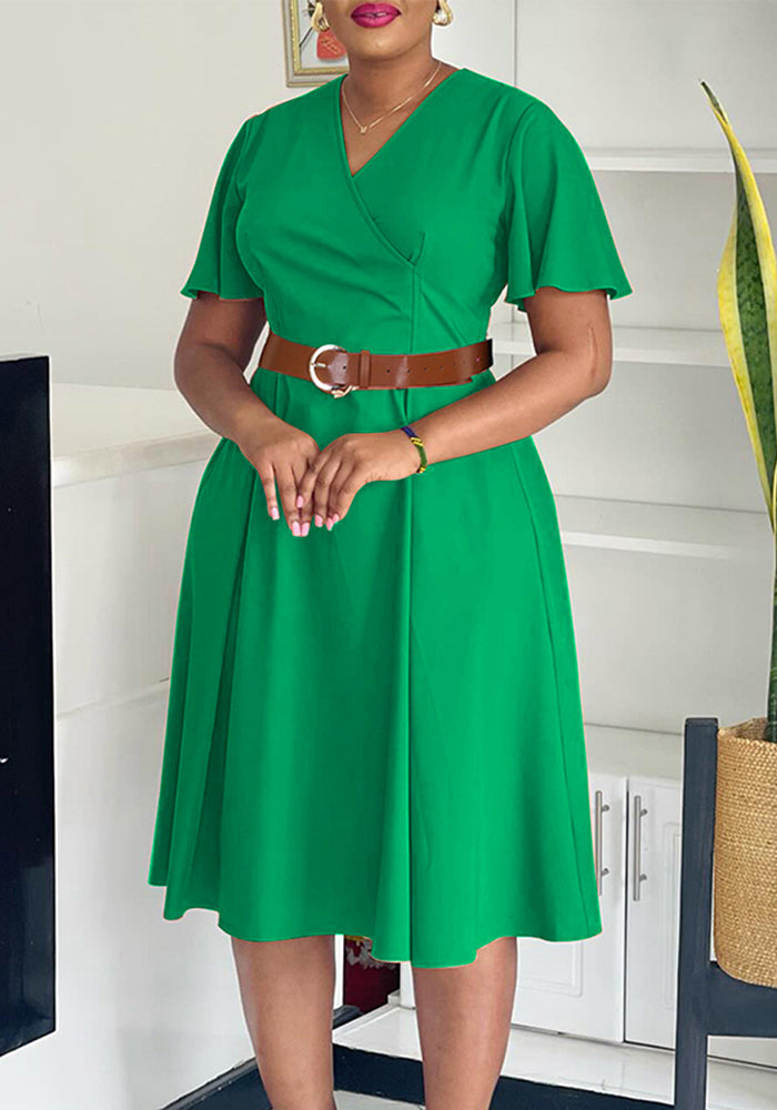 Plus Size Women Elegant Solid V-Neck Bell Bottom Sleeve African Dress