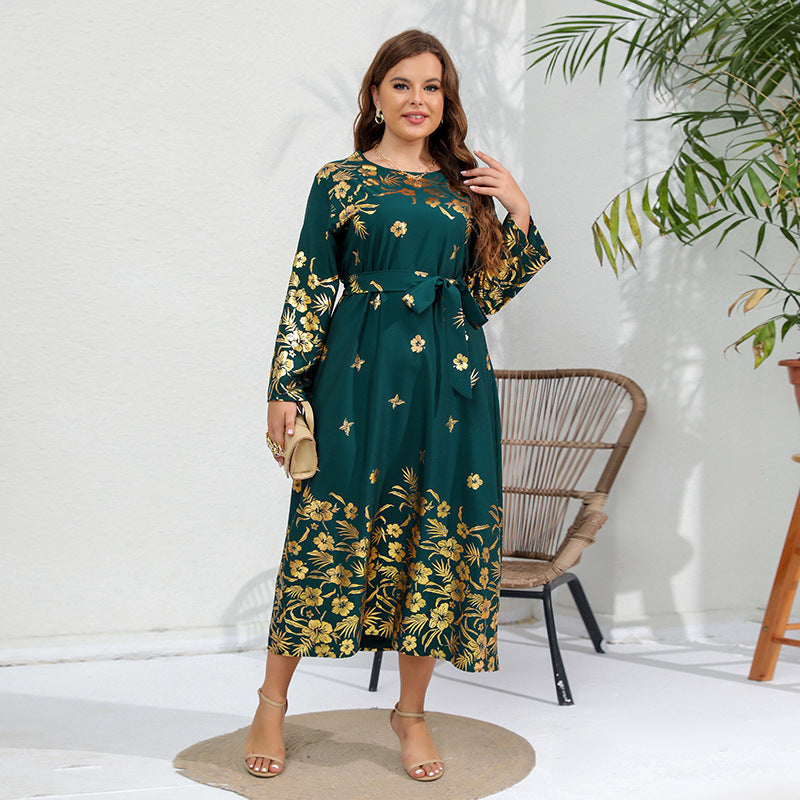 Plus Size Women Ethnic Loose Shiny Printed Long Sleeve Maxi Dress 6