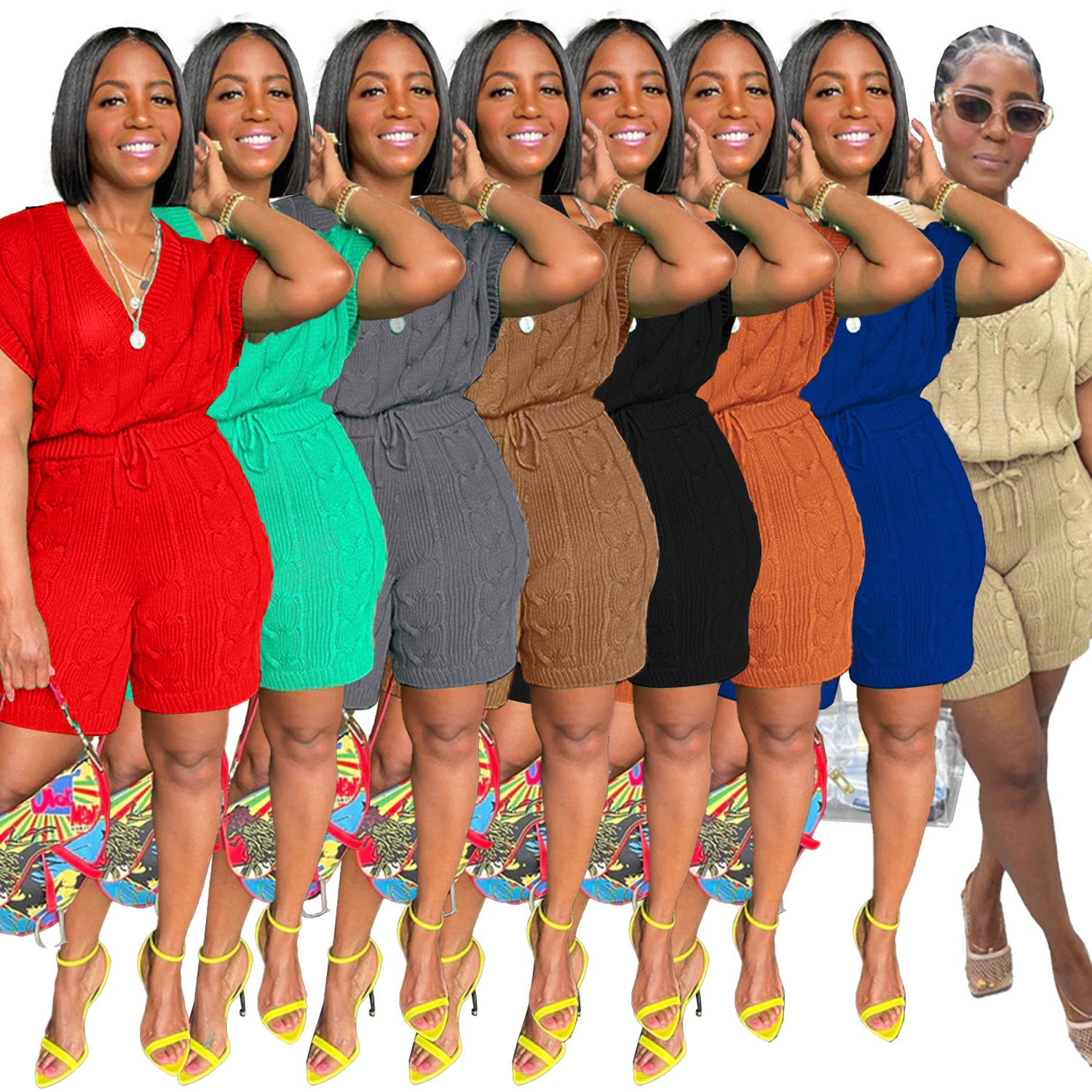 Sexy Solid Deep V Neck Sleeveless Loose Sweater Slim Shorts Two Piece Set