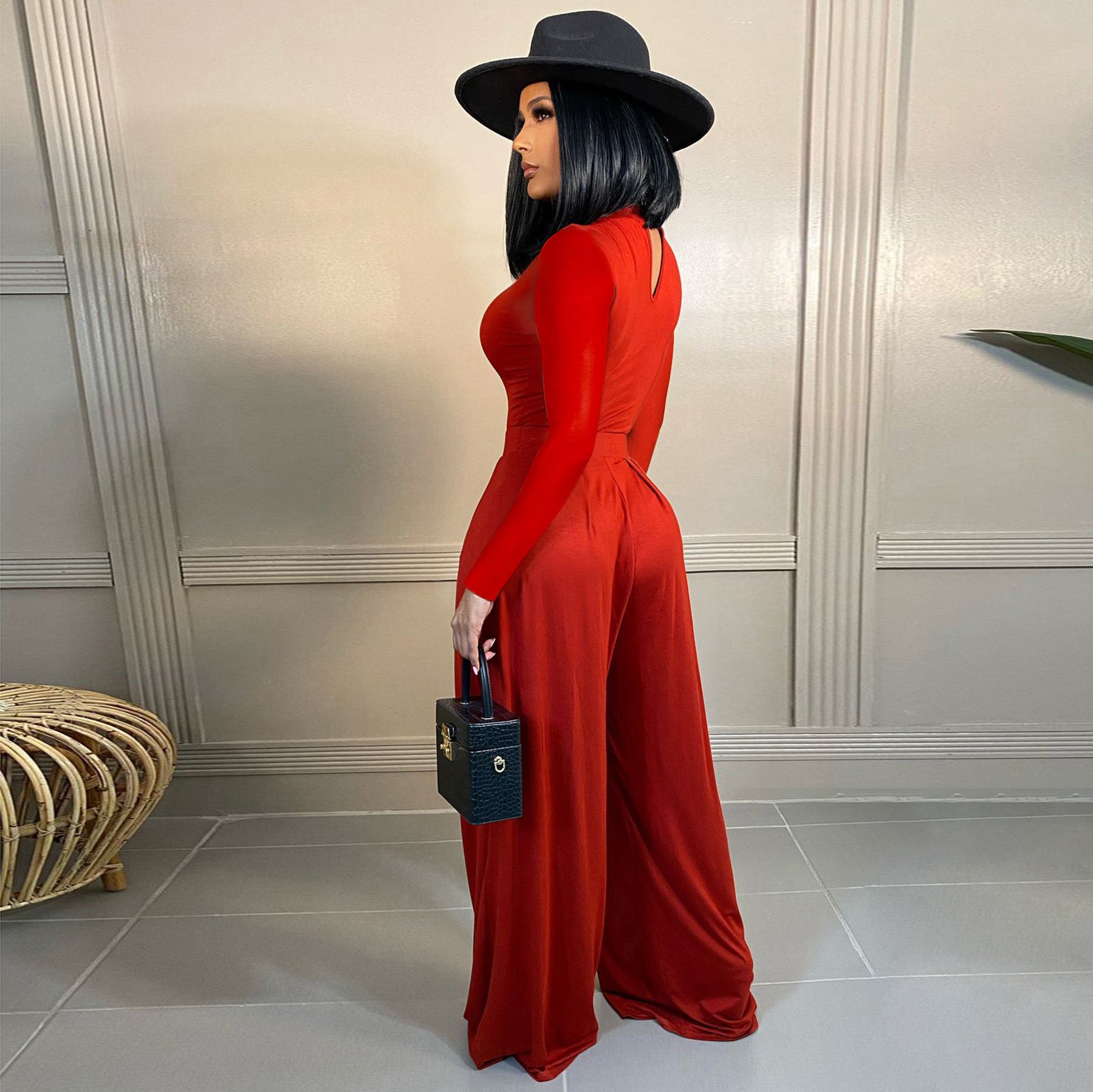 Women'S Fashion Solid Color Long Sleeve Top Wide Leg Pants Two Piece Set 7