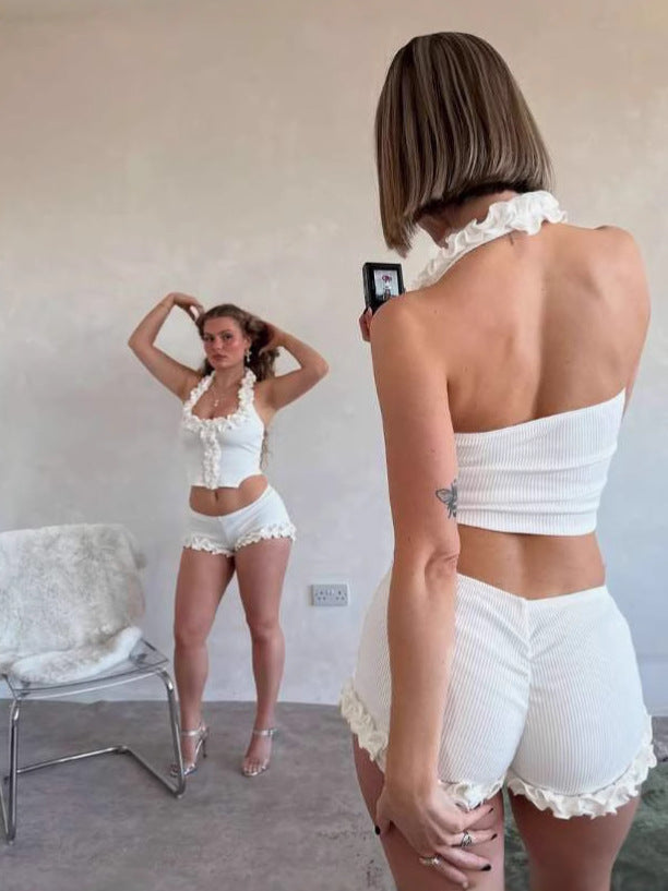 Women Spring Summer Solid Sexy Ruffle Halter Neck Top and Shorts Two-Piece Set 4