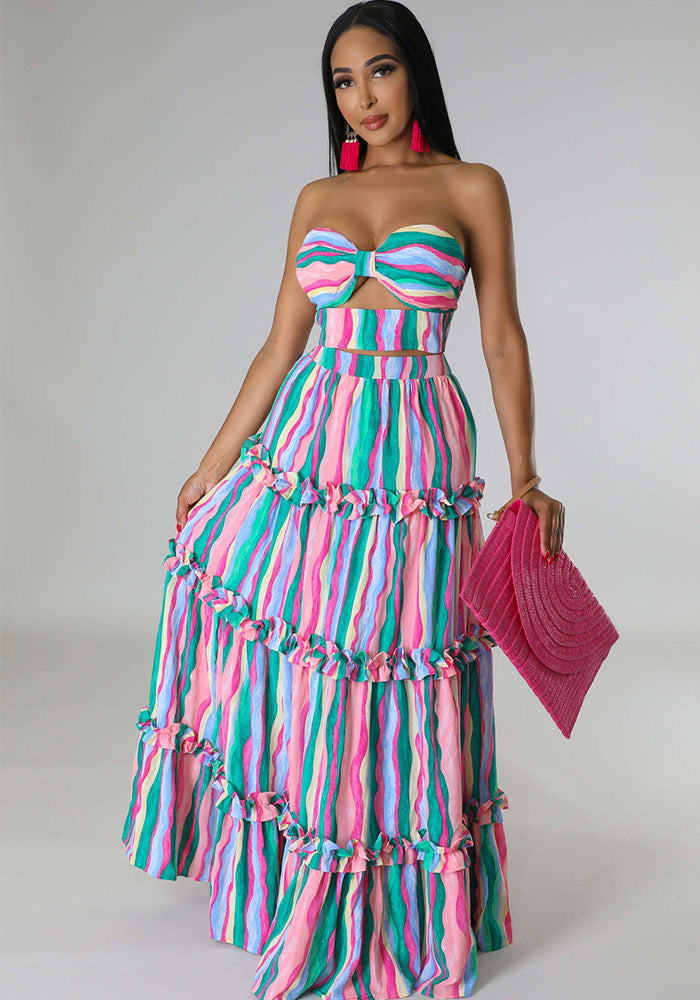 Women strapless striped print fashion Top and long skirt two-piece set 3