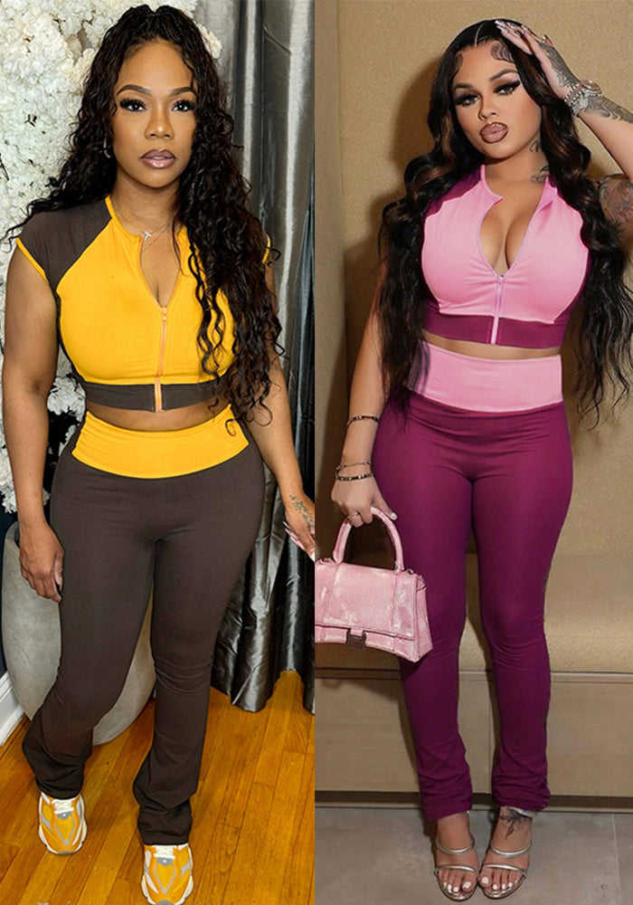 Women Spring/Summer Contrast Drop Shoulder Round Neck Zipper Top and Bell Bottom Pants Two Piece Set