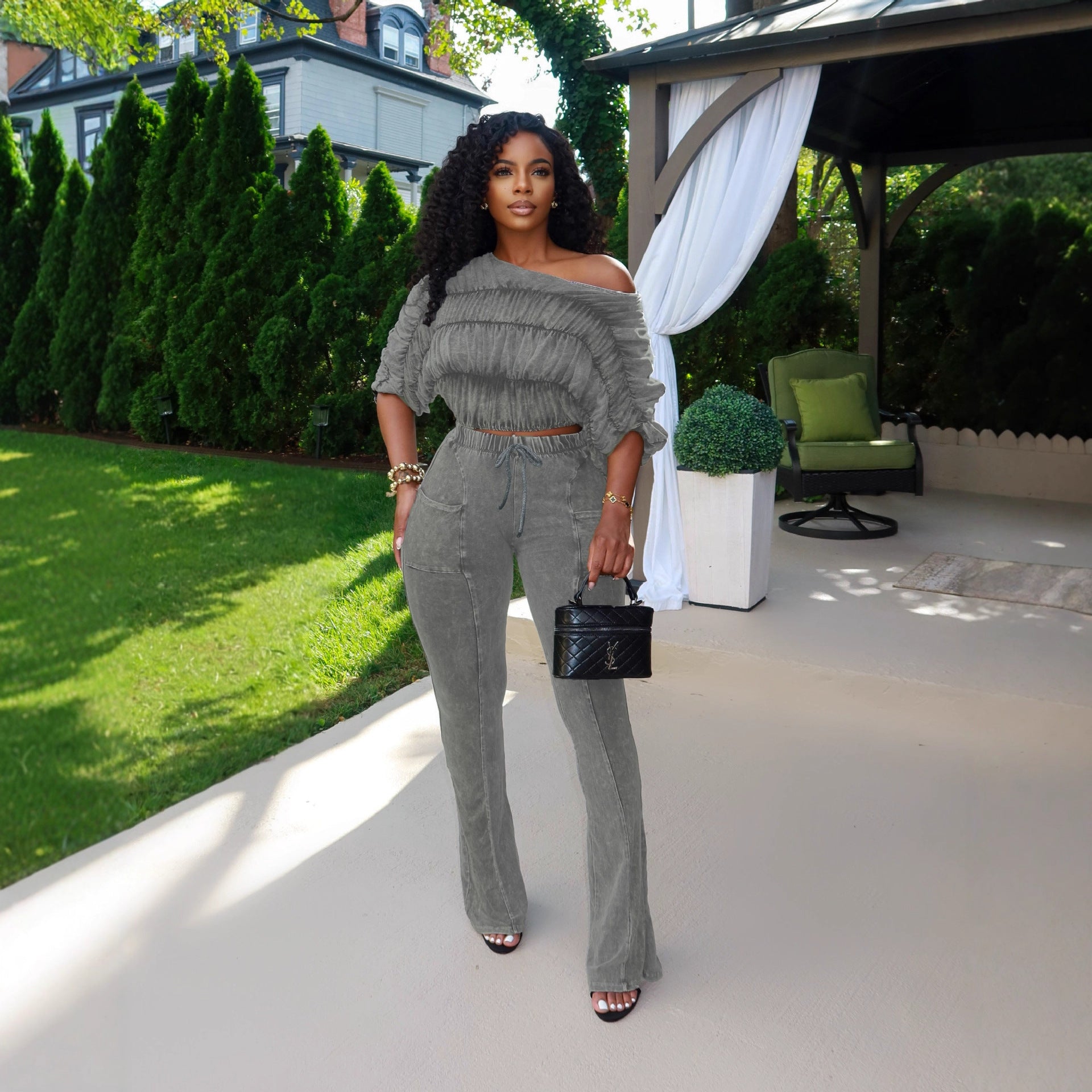 Women's Sexy Crop Top Slim-Fitting Flared Pants Two-Piece Set 5