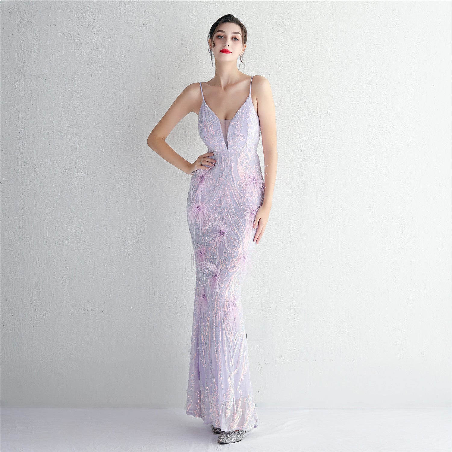 Positioning Flower Beading Wool Dress Long Formal Party Slim Evening Dress 3