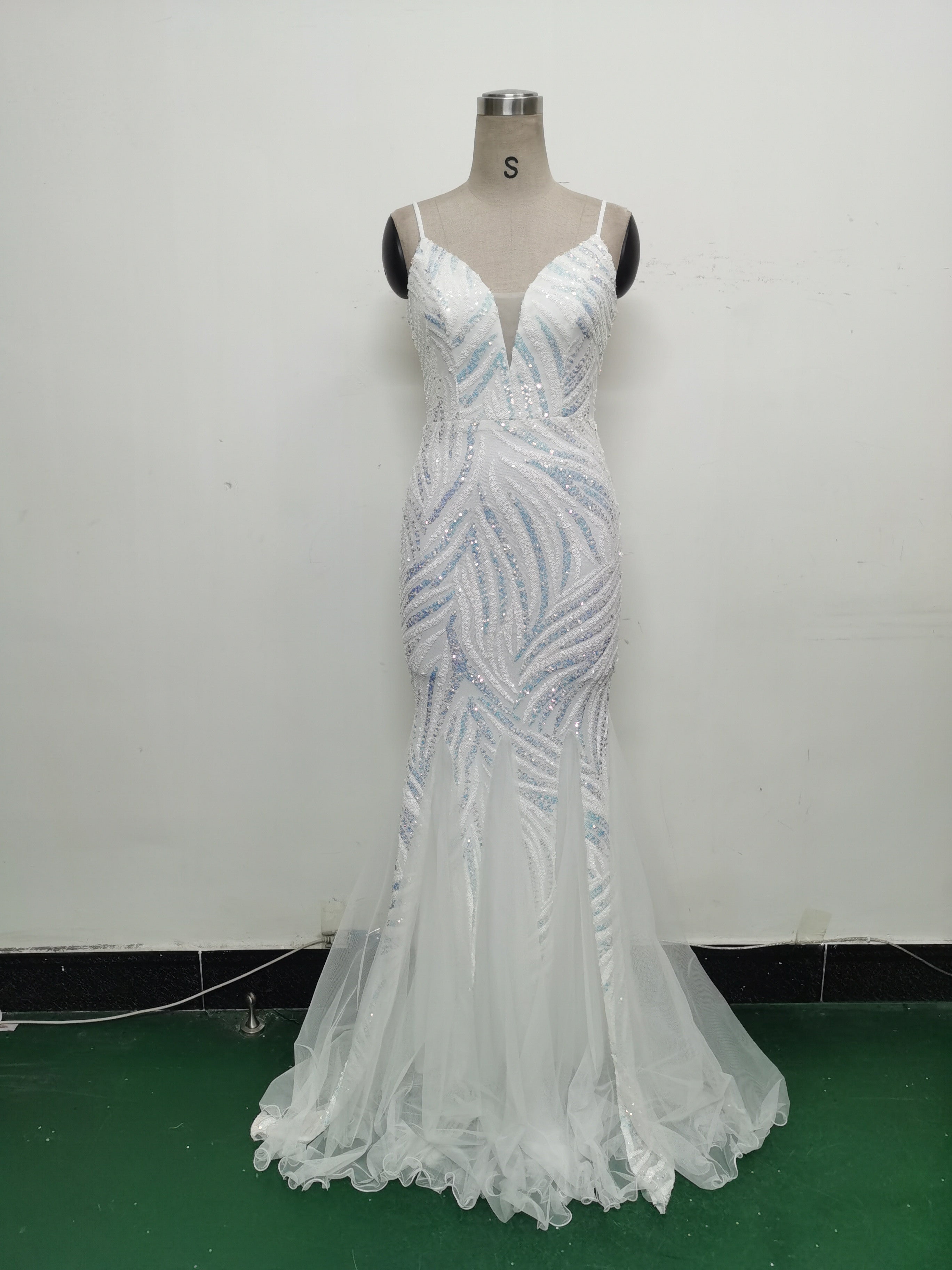 Sequin Patchwork Mesh Strap evening dress 36