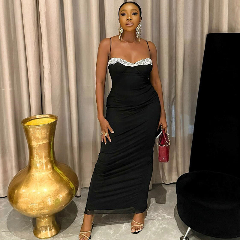 Women Elegant Patchwork Backless Bodycon Pleated Contrast Color Suspender Dress 4