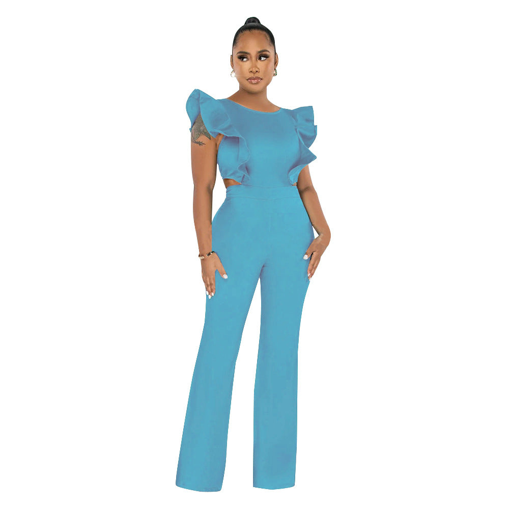 Women Summer Ruffle Round Neck Solid Jumpsuit 11