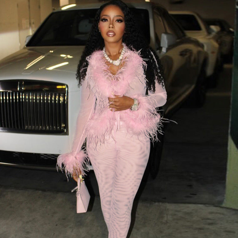 Women's Solid Color Mesh Patchwork Fuzzy Long Sleeve Top with Tight-Fitting Pants Two-Piece Set 8