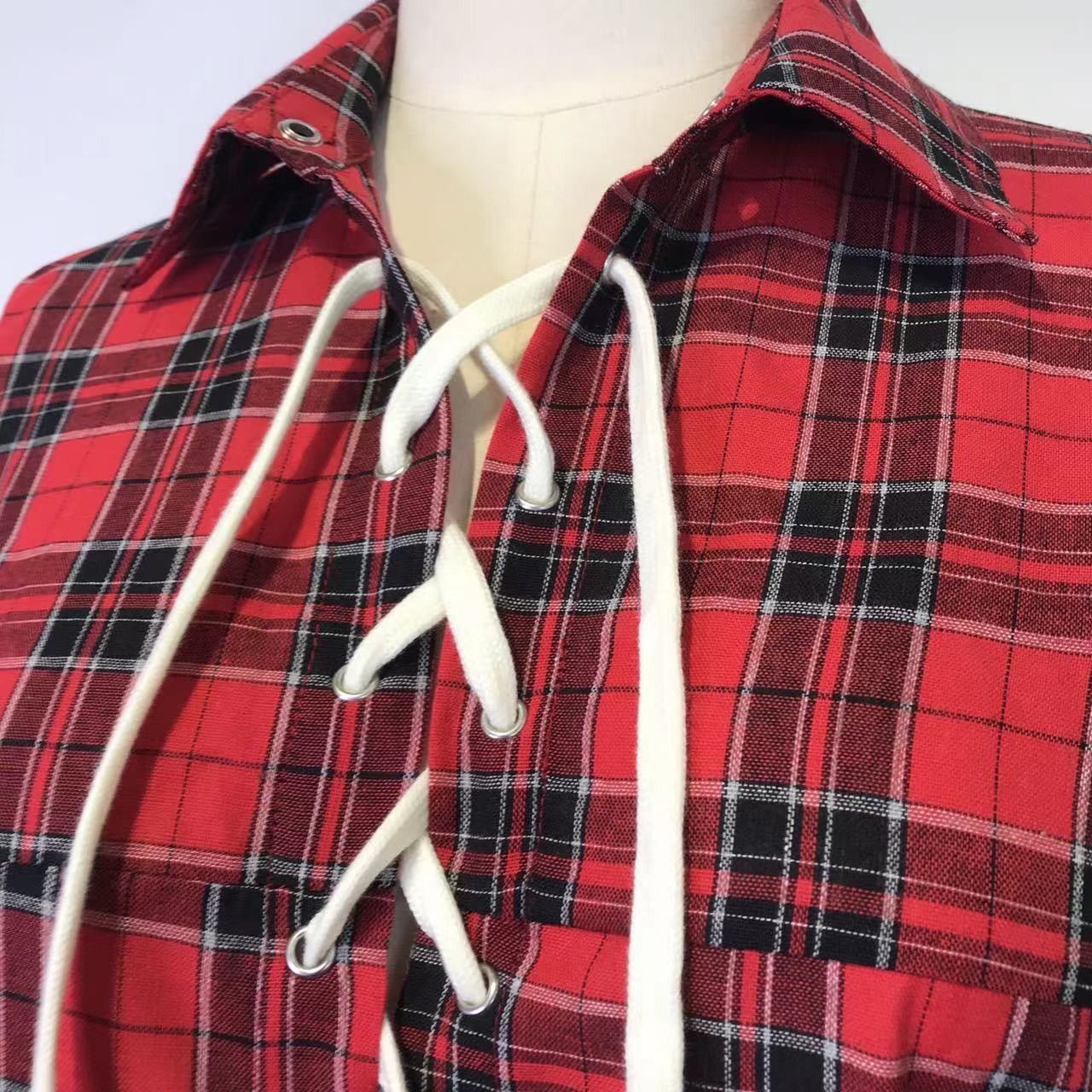 Women Casual Sexy Plaid Long-Sleeve Lace-Up Shirt 15