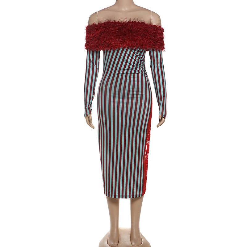Autumn Winter Fashion Off Shoulder Trend Fur Patchwork Striped High Waist Slim Dress 8