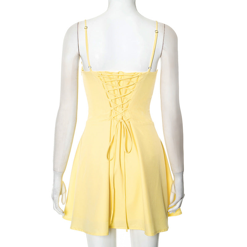 Women Lace Gathered Suspender Lace-Up Dress 9