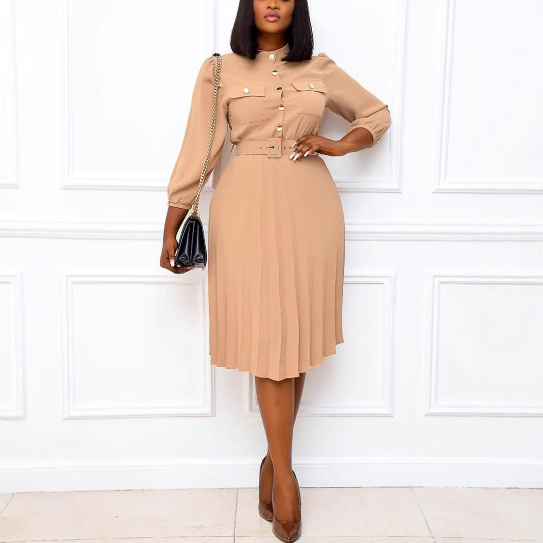 Women Solid Casual Pleated Belt Dress 4