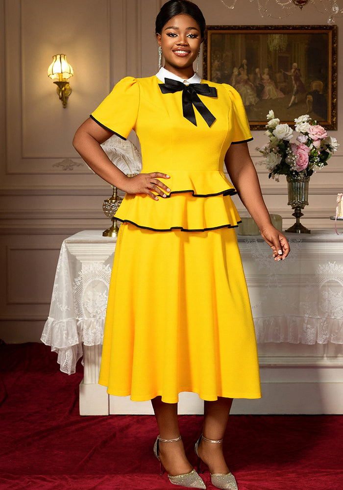 Plus-Size Women Evening Gown with a Playful Short-Sleeved Layered Ruffled Dinner Party Dress