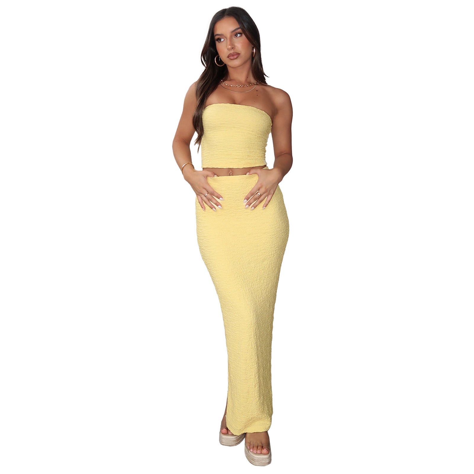 Women's Solid Strapless Top Slit Skirt Set Two Piece Set 18