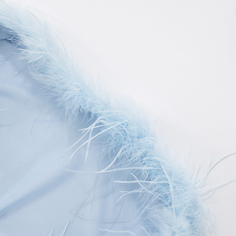 Women's Fur Collar Mesh Long Sleeve Cape Strapless Tight Fitting Jumpsuit Two-Piece Set 9