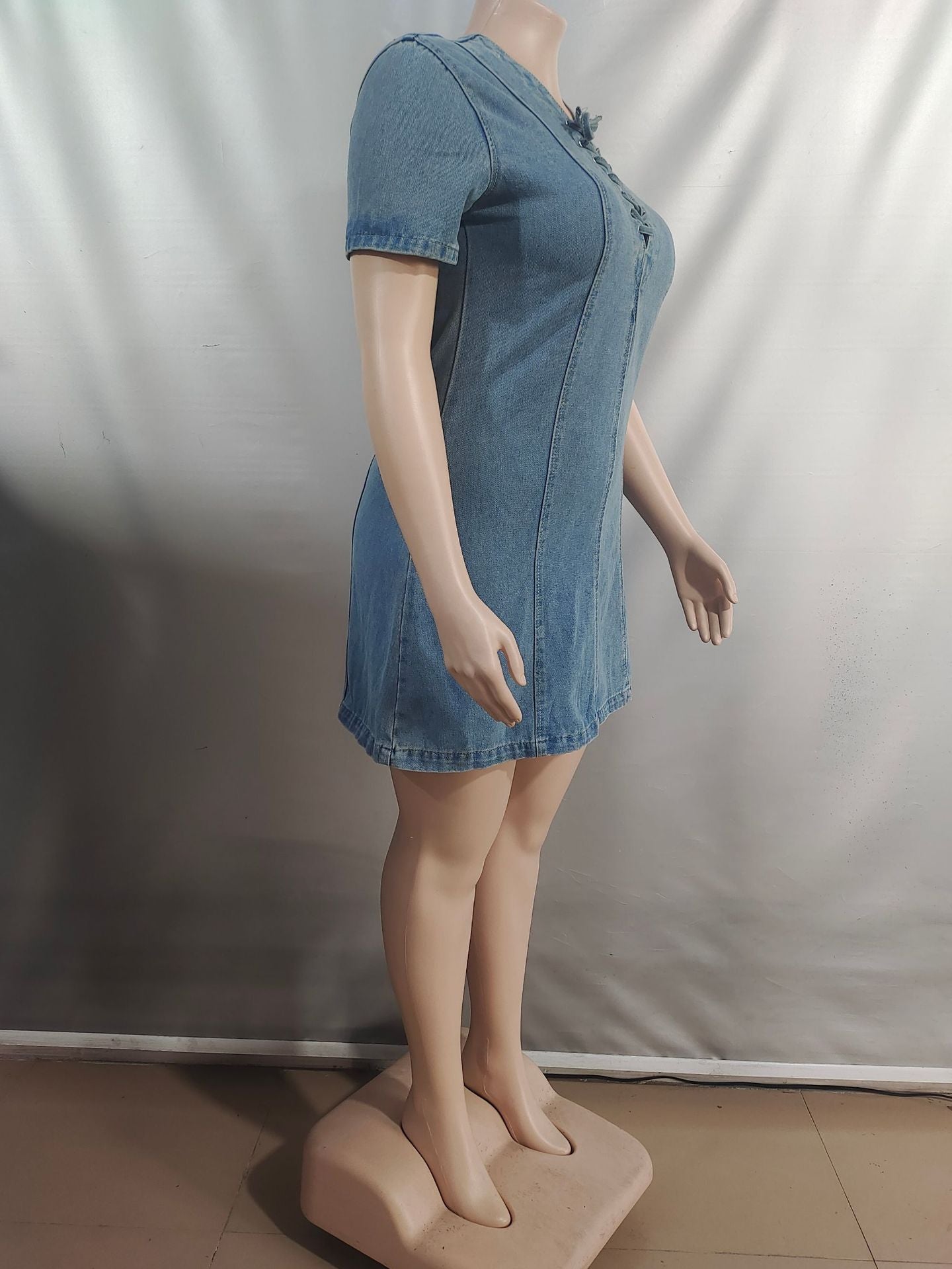 Women's Summer Street Fashion Lace-up Short-Sleeved Denim Dress 9