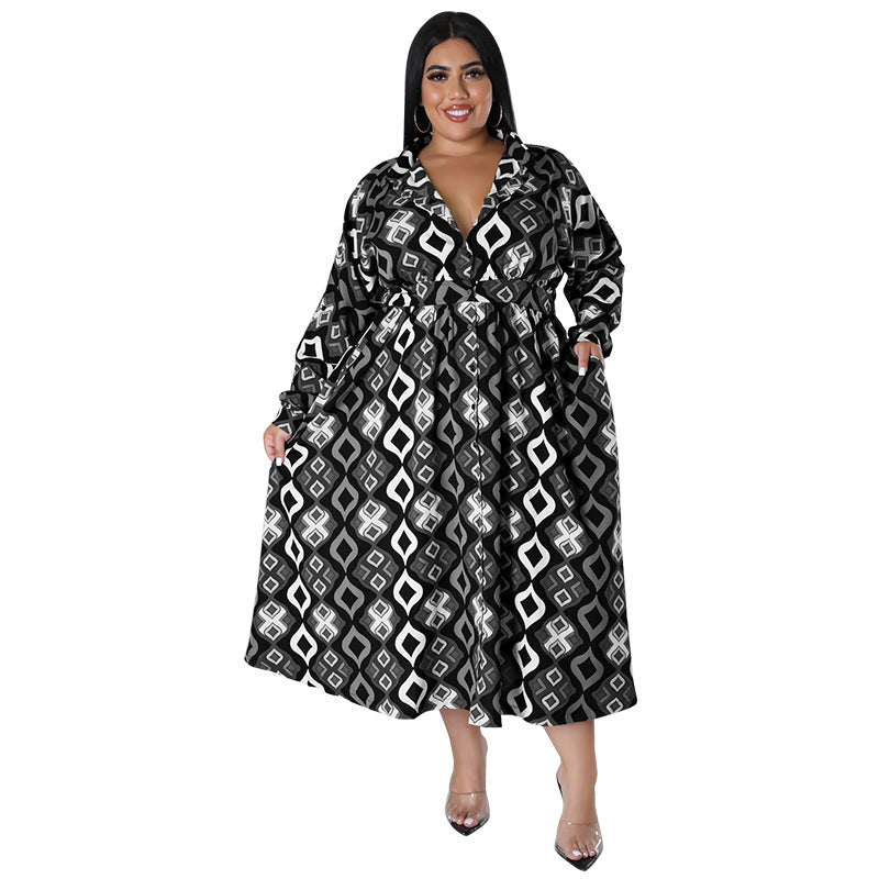 Plus Size Women Fall Long Sleeve Printed Casual Shirt Dress with Belt 10