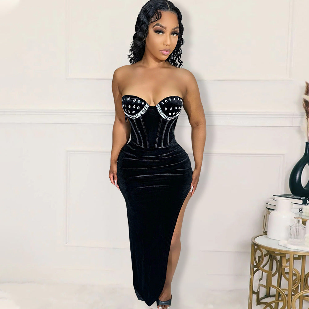 Fashion Sexy Strapless High Slit Solid Color Beaded Dress For Women 6