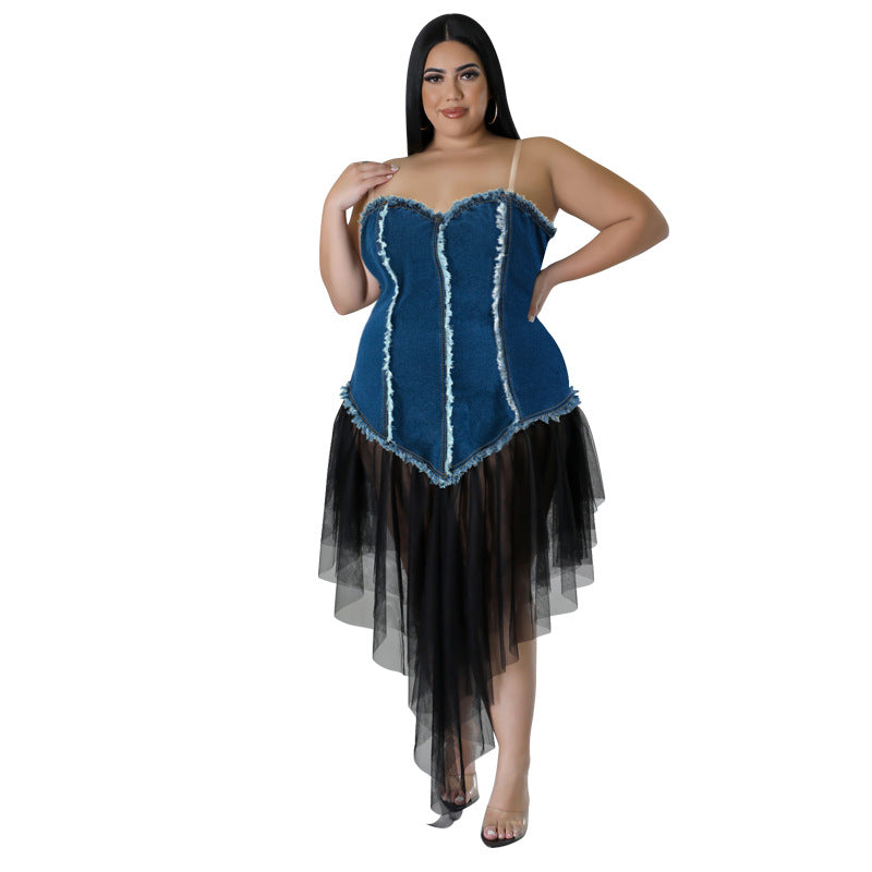 Plus Size Women Suspender Off Shoulder Denim Patchwork Mesh Dress 6