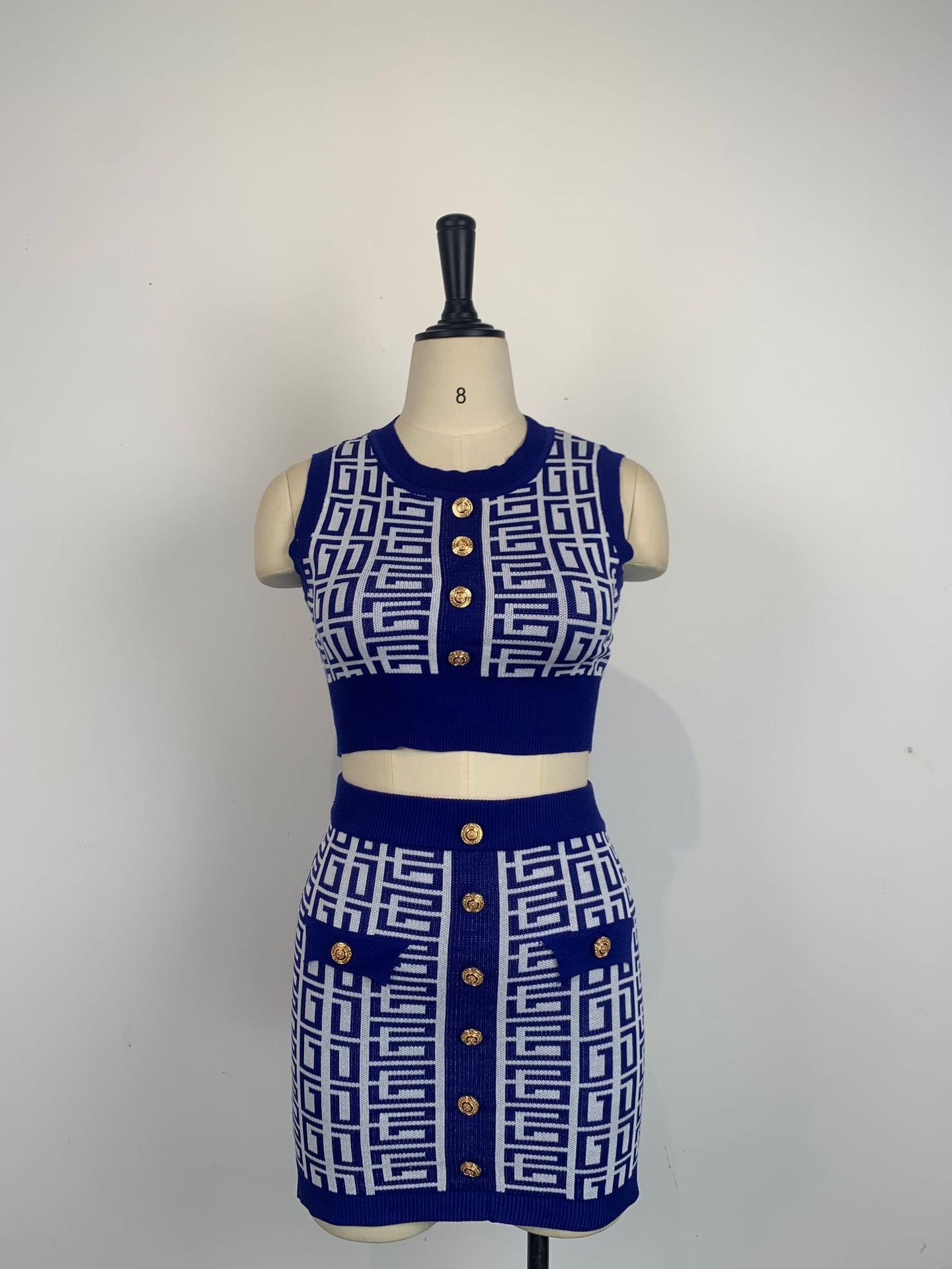 Women Round Neck Sleeveless Geometric Pattern Top and Skirt Two-Piece Set 27