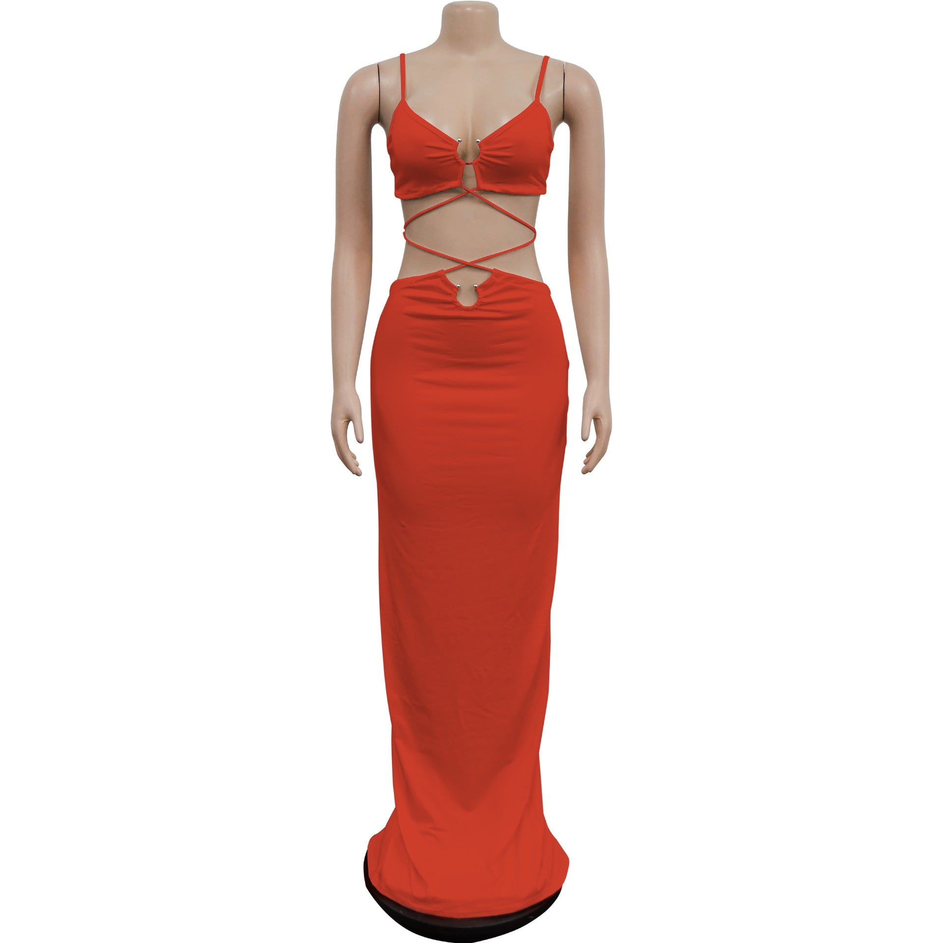 Women's Fashion Solid Color Lace-Up Sleeveless Straps Maxi Dress 25