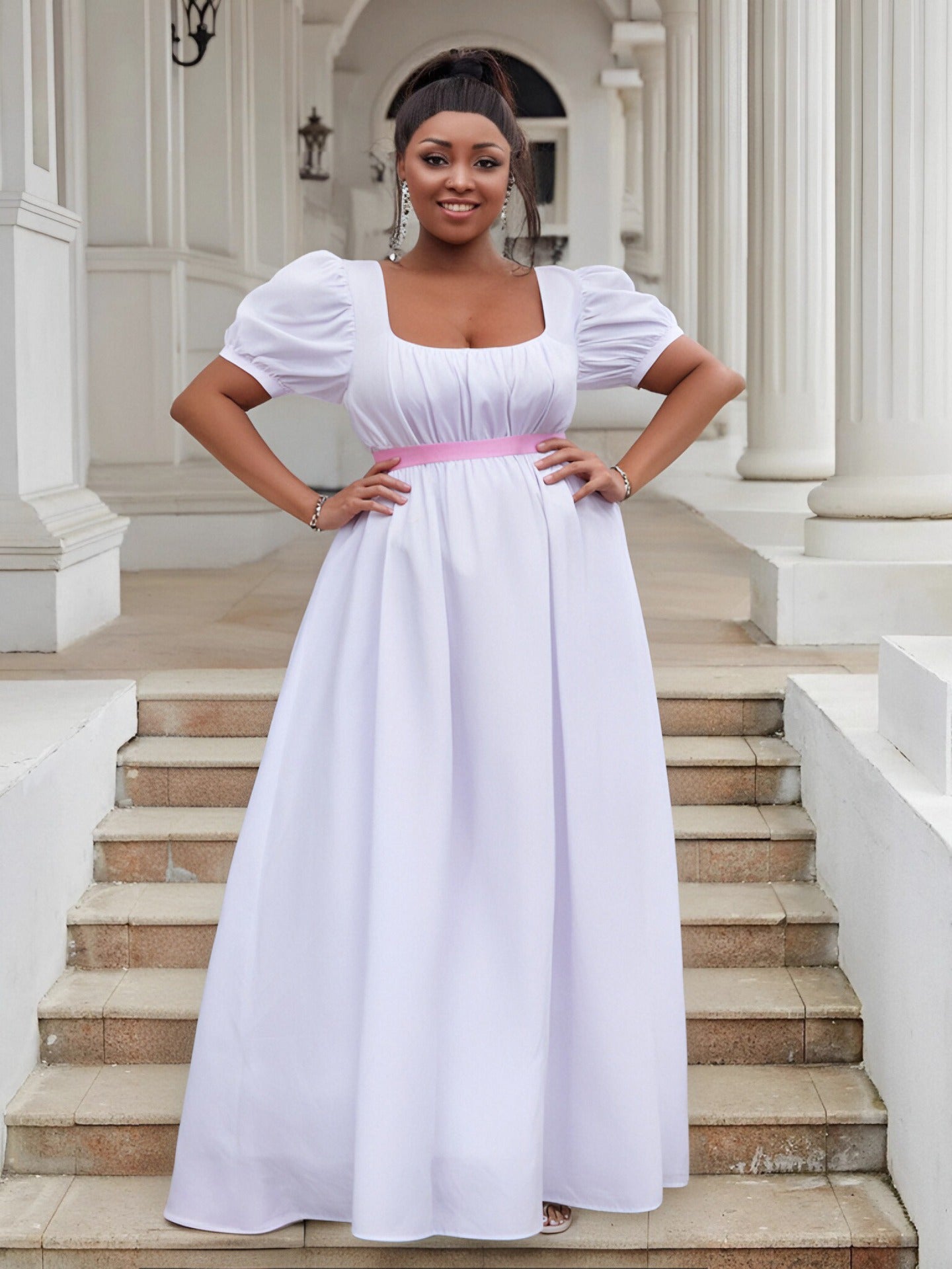 Puff Sleeve High Waist Ball Dress Elegant Plus Size Evening Gown 17