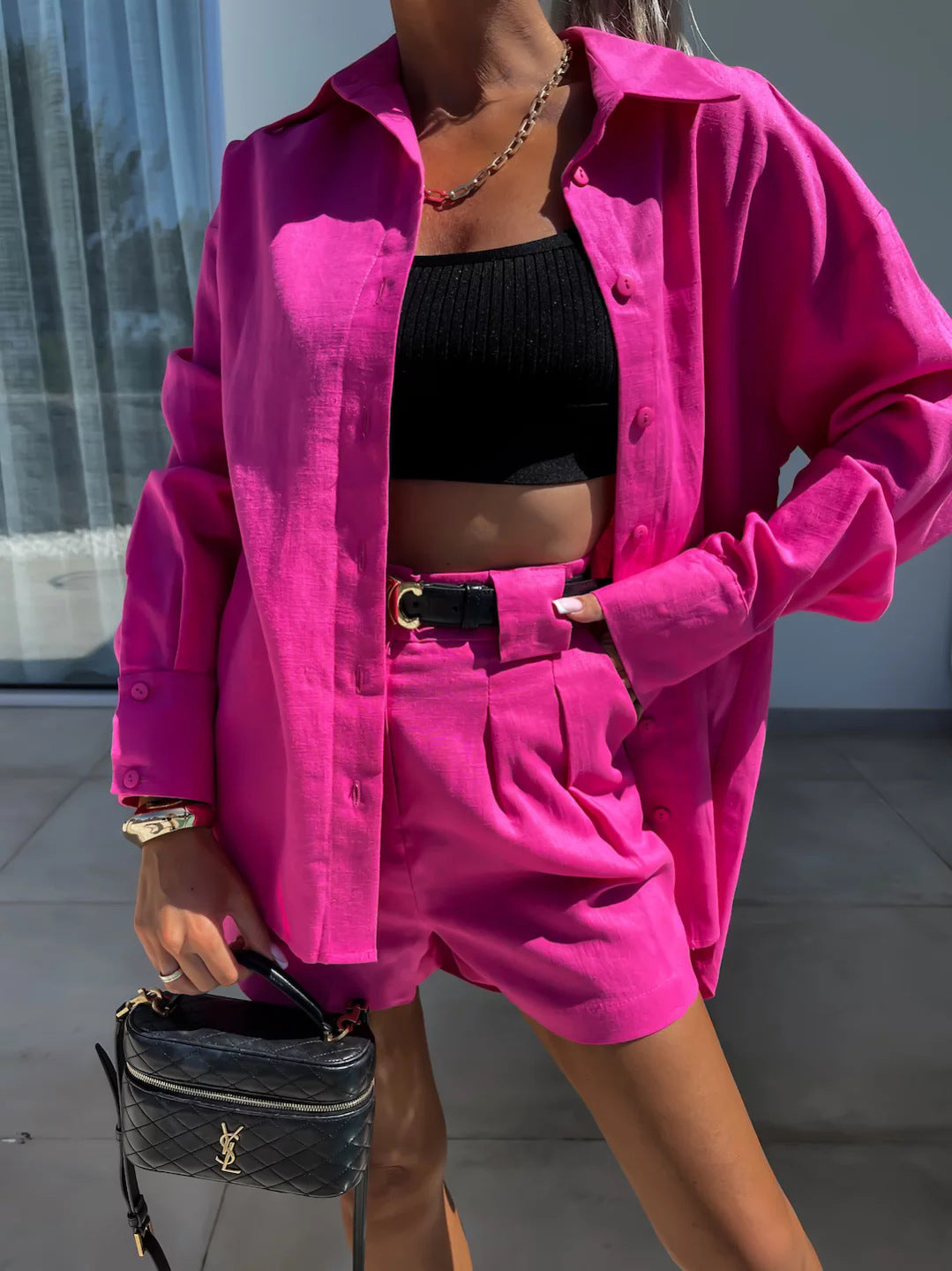 Summer Fashion Casual Summer Women's Long Sleeve Loose Shirt Shorts Two Piece Set 3