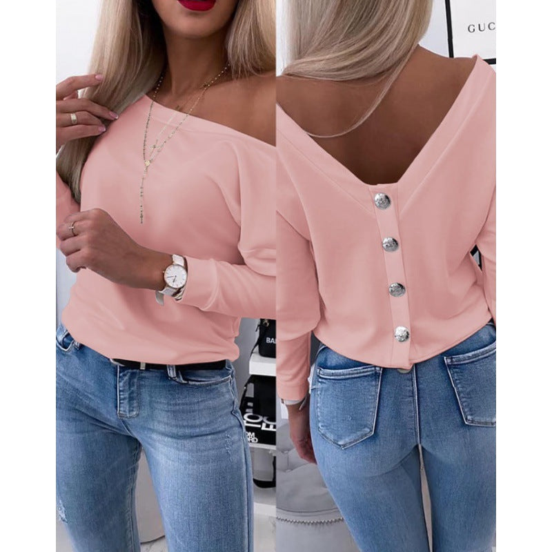 Autumn Long-Sleeved Back Button Solid Color V-Neck Shirt Top 7