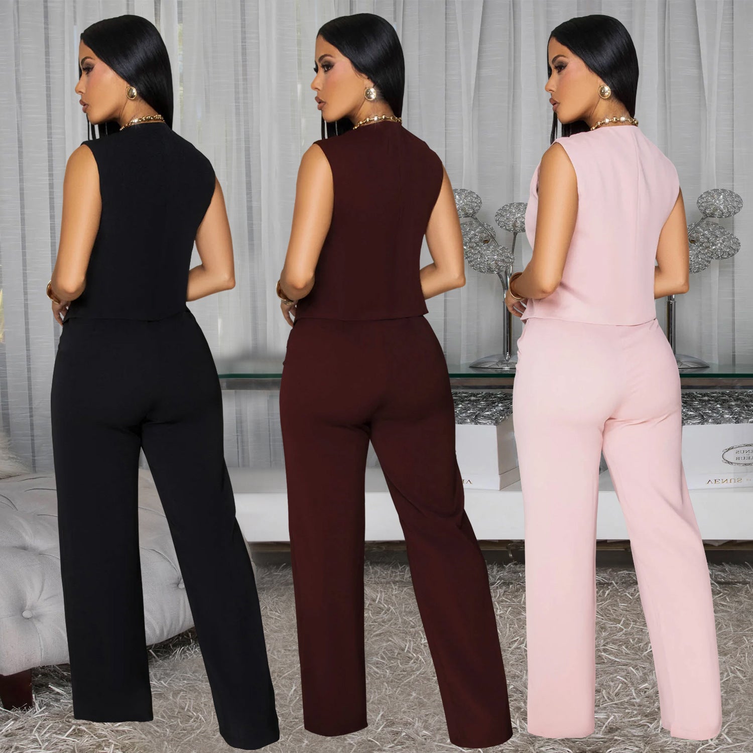 Women Casual Sleeveless V-Neck Top and Pants Two-Piece Set