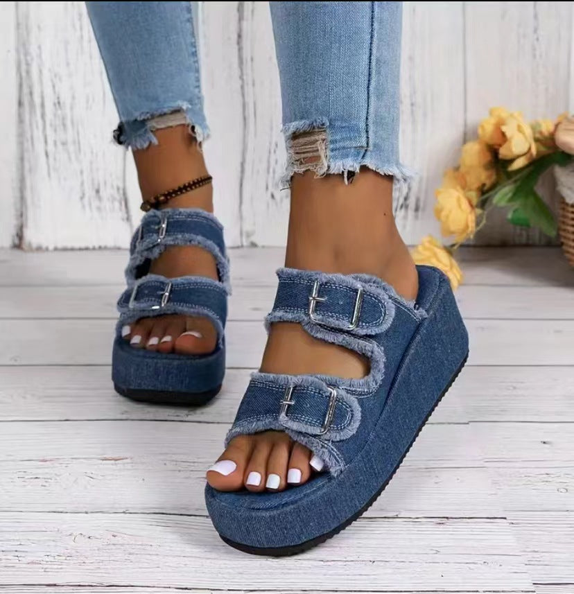Plus Size Denim Belt Buckle One-Step Sandals Women's Summer Outdoor Wear Thick-Soled Slippers 7