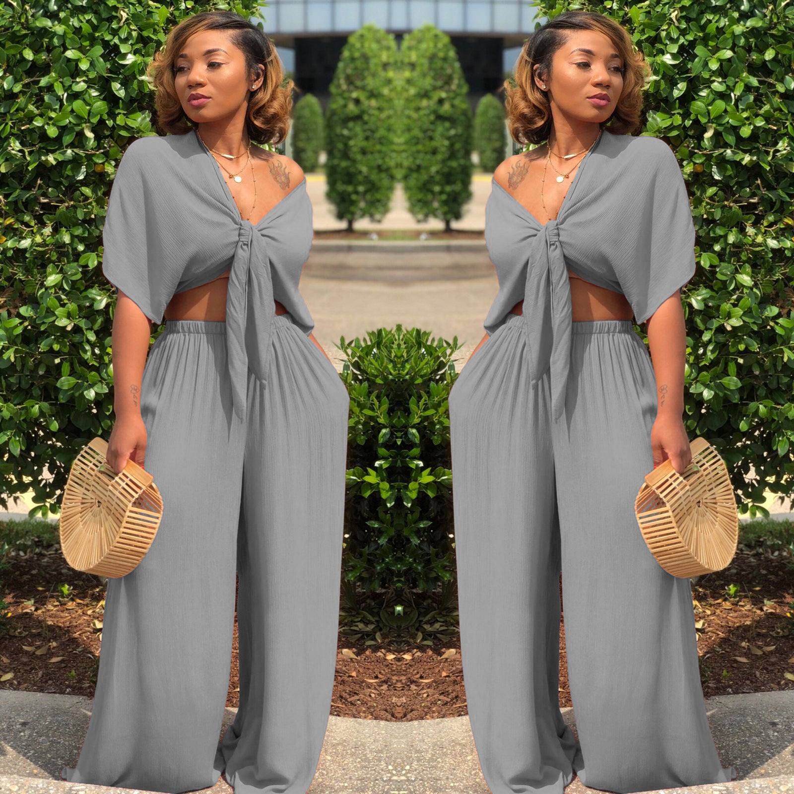 Women's Deep V Lace-Up Top Wide-Leg Pants Set