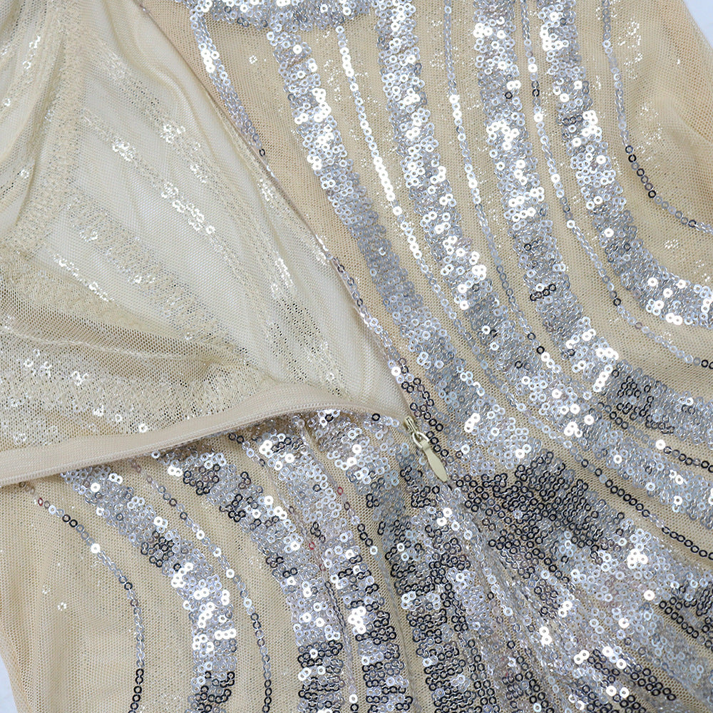 Fashionable Stripsequined Slim Waist Fur Bodycon Party Evening Dress 7